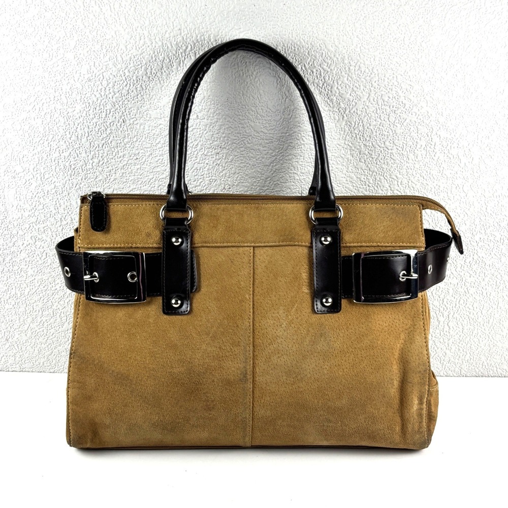 Wilsons Leather Maxima Satchel Bag Womens Medium Tan Suede Buckle Vintage Y2K